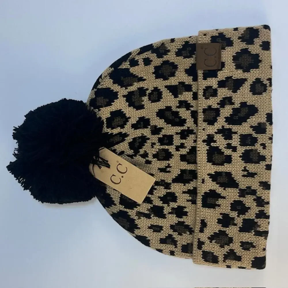 C.C Leopard Print‎ Beanie with Pom Pom